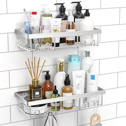 Moforoco Shower Caddy Shelf Organizer Rack, Self Adhesive Black Bathroom Shelves Basket, Home Farmhouse Wall Inside Organization and Storage Decor Rv Accessories, First Camper Apartment Essentials