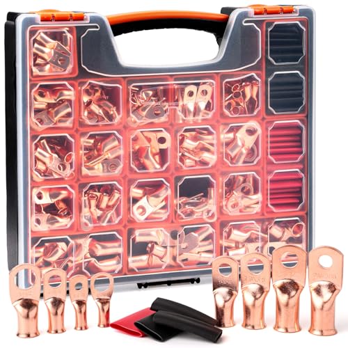 TKDMR 264 PCS Battery Cable Ends Kit,132 PCS AWG 8 6 4 2 1/0 2/0 Heavy Duty Copper Wire Lugs Ring Terminals,Battery Cable Lugs Eyelets Terminal Connectors with 132 PCS 3:1 Heat Shrink Tubing