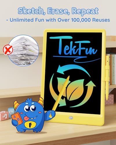 TEKFUN Toys for Girls Boys 10IN LCD Writing Tablet, Magic Doodle Board with Anti-Lost Stylus, Mess Free Coloring for Toddlers Drawing Pad, Toddler Travel Car Plane Trip Toys Gifts (Yellow)