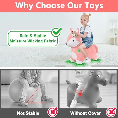 iPlay, iLearn Bouncy Pals Hopping Fox Horse, Toddler Girl Inflatable Bouncing Animal Hopper Toy, Outdoor Indoor Plush Ride on Bouncer, Baby Birthday Gift 18 Month 2 3 4 Year Old Kid - Fox