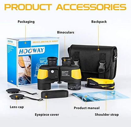 Hooway 7x50 Waterproof Fogproof Military Marine Binoculars w/Internal Rangefinder & Compass for Navigation,Boating,Fishing,and More