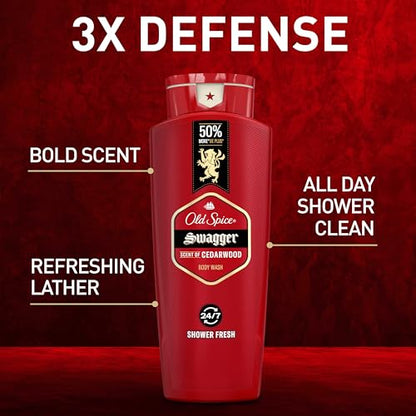 Old Spice Refreshing Body Wash for Men, 3X Defense, 24/7 Shower Fresh with Long Lasting Scent, Red Collection, Swagger with Cedarwood Scent, 24 oz (Pack of 4)