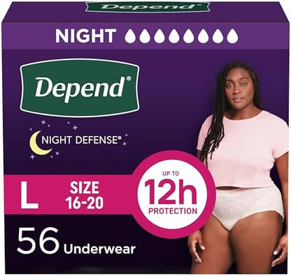Depend Night Defense Adult Incontinence & Postpartum Bladder Leak Underwear for Women, Disposable, Overnight, Large, Blush, 56 Count (4 Packs of 14), Packaging May Vary