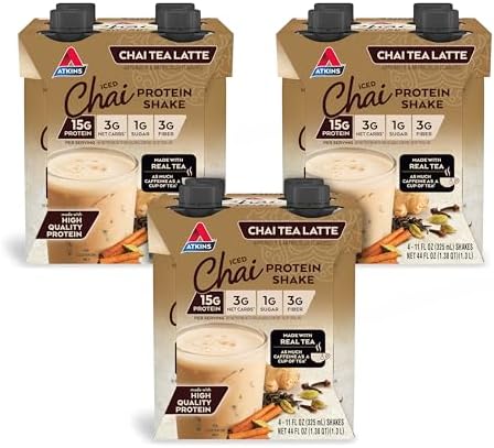 Atkins Chai Tea Latte Flavored Protein Shake, High Protein Shake, Low Glycemic, Low Carb, Low Sugar, Keto Friendly, Gluten Free, 12 count (3 sets of 4)