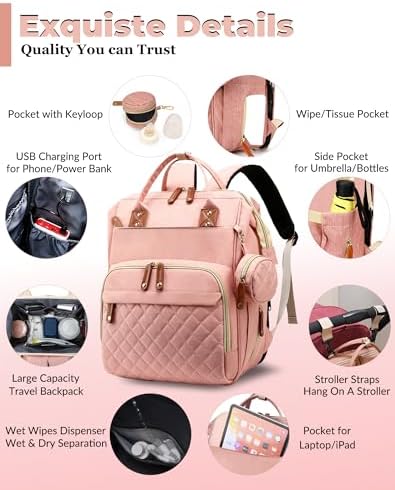Diaper Bag with Changing Station, Waterproof 3 in 1 Baby Diaper Backpack with Foldable Changing Pad, Large Travel Back Pack for Baby Girl Boy, Peach Pink