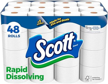 Scott Rapid-Dissolving Toilet Paper, 48 Double Rolls (6 Packs of 8), Sustainable, Septic-Safe, Toilet Paper