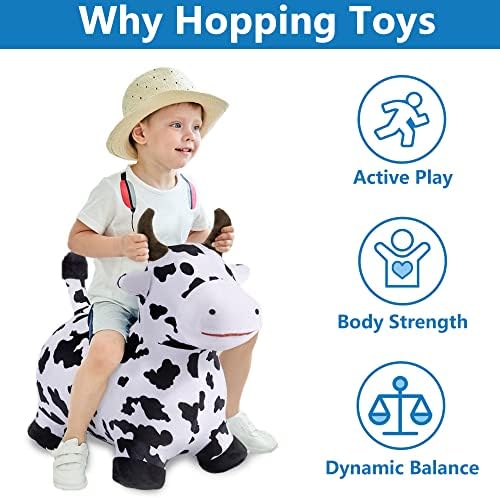 iPlay, iLearn Bouncy Pals Hopping Cow Horse, Toddler Girl Boy Inflatable Bouncing Animal Hopper Toy, Outdoor Indoor Plush Ride on Bouncer, Baby Birthday Gift 18 Month 2 3 4 Year Old Kid - Cow