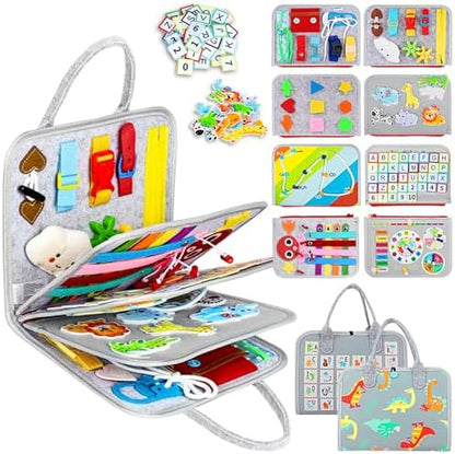 Esjay Toddler Busy Board Montessori Toys for Boys Girls, Sensory Board Educational Activities for Learning Fine Motor Skills, Birthday Gifts for Toddlers, Travel Toys for Airplane Car,Grey Dinosaur