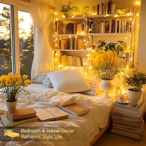 JMEXSUSS 200 LED String Lights Indoor Outdoor Clear Wire, Connectable Warm White Christmas Lights for Bedroom, 66 Ft Twinkle Fairy Classroom Light Plug in for Home Wedding Tree Yard Patio Decor