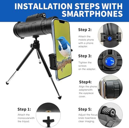 Monocular Telescope,80x100 HD High Powered Monoculars for Adults with Smartphone Adapter Tripod,Monocular for Hunting Wildlife Bird Watching Travel Camping Hiking,BAK4 Prism FMC Lens,Waterproof