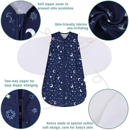 Newborn Sleep Sack Baby Swaddle,3-6 Months,3-Way Adjustable Wearable Blanket,100% Rayon Cotton Swaddling Sleeping Bag，TOG 0.5（Clouds&Starry Sky）