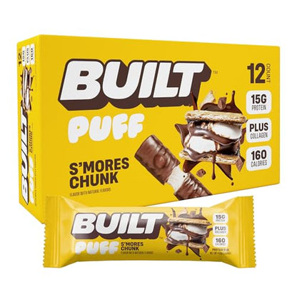 Built Bar, Puff Protein Bars, S'mores Chunk Puff, 15g Protein Snacks, On-The-Go Bars, Only 160 Calories, 9g Sugar, Collagen, Not Gluten Free, 12 Count