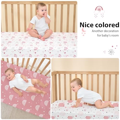 Baby Crib Sheets Girl, 3 Pack Toddler Bed Sheets Fitted for 52”x28” Standard Crib and Toddler Mattresses, Super Soft Microfiber Pink Rainbow