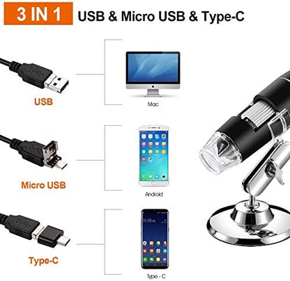 USB Digital Microscope 40X to 1000X, 8 LED Magnification Endoscope Camera with Carrying Case & Metal Stand, Compatible for Android Windows 7 8 10 11 Linux Mac
