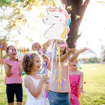 WERNNSAI Foldable Unicorn Piñata - Pull String Unicorn Birthday Party Supplies Extendable Unicorn with Blindfold Bat and Tassels Unicorn Birthday Party Decoration Games Folding Piñatas for Kids