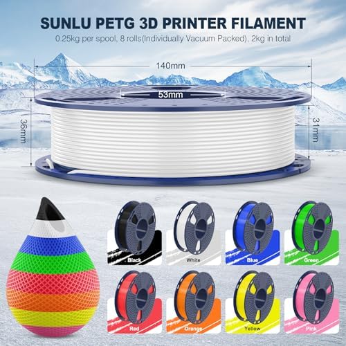 SUNLU 3D Printer Filament Bundle Multicolor PETG Filament 1.75mm, Individually Vacuum-Sealed, 2kg in Total, 0.25kg per Spool, 8 Pack, 8 Colors, Black+White+Red+Yellow+Pink+Blue+Orange+Green