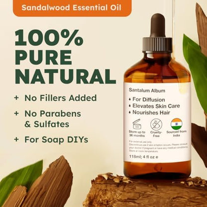 Kukka Sandalwood Essential Oil for Diffuser & Skin - 4 Fl Oz - 100% Pure Natural Sandalwood Oil, Woody Scent, for Massage, Perfume, Hair, Aromatherapy, Candle & Soap Making Scent DIY