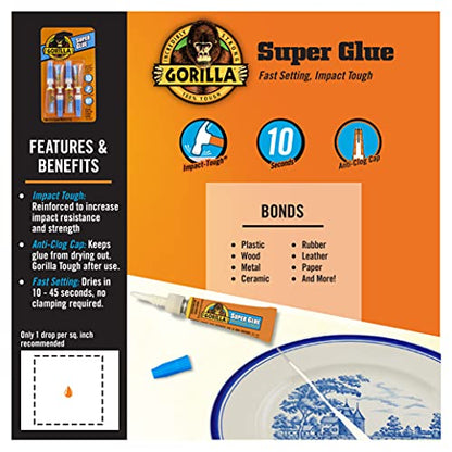 Gorilla Super Glue, Clear Glue, Four 3 Gram Tubes (Pack of 10) - All Purpose and Fast Setting for Projects and Repairs