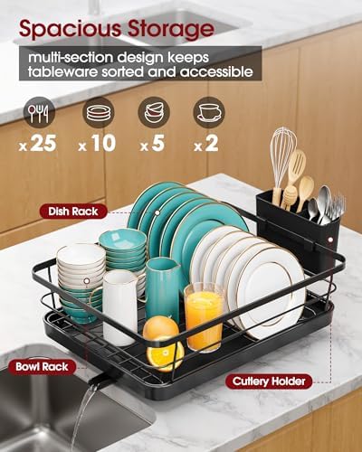 Stainless Steel Dish Drying Rack for Kitchen Counter, Sink Organization and Storage Essentials with Silverware & Utensil Holder, Home and Apartment Decor, 12''W x 15.6''L, Black