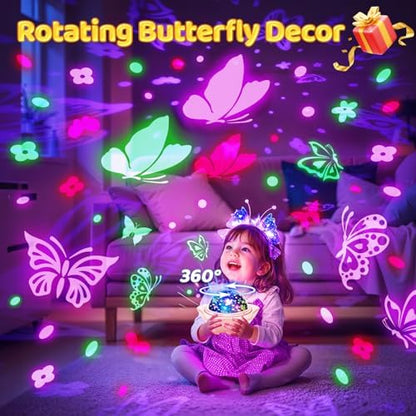 One Fire Unicorns Gifts for Girls Toys, 6 Films Unicorn Night Light Projector for Bedroom,Rechargeable Night Light for Girls Gifts,360° Rotating Butterfly Lamp,Unicorn Toys Mermaid Toys Princess Gifts