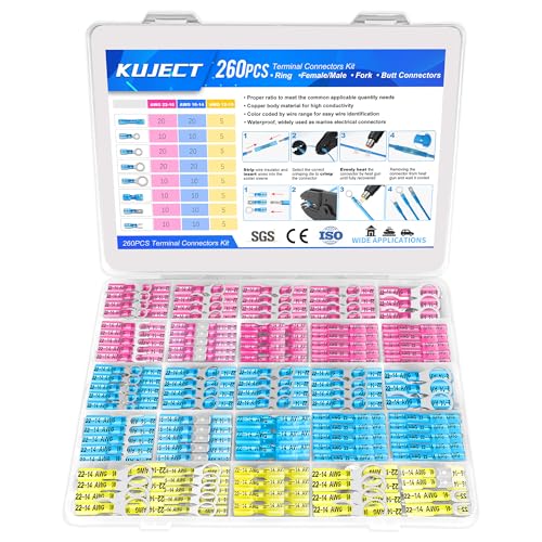 Kuject 260PCS Heat Shrink Wire Connectors Kit, Electrical Waterproof Crimp Butt Terminals, Insulated Spade Connectors for Automotive Marine Boat Truck, Include Rings Forks Spade Butt Splices