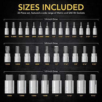 LEXIVON Master HEX Bit Socket Set, Premium S2 Alloy Steel | Complete 32-Piece, SAE and Metric Set | Enhanced Storage Case (LX-144)