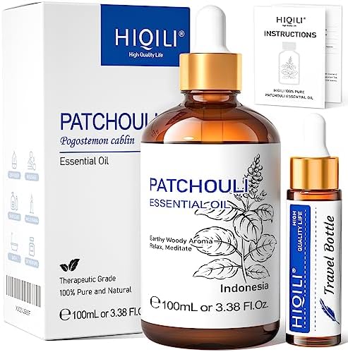 HIQILI Patchouli Essential Oil,100% Pure & Natural for Homemade Perfume, Sooth Skin, Nourish Hair at Home with Diffuser, Gift for Hippie Friend -100ML