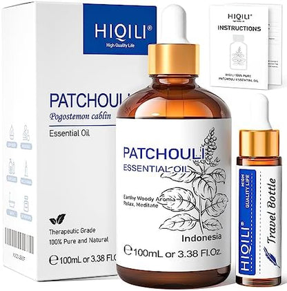 HIQILI Patchouli Essential Oil,100% Pure & Natural for Homemade Perfume, Sooth Skin, Nourish Hair at Home with Diffuser, Gift for Hippie Friend -100ML
