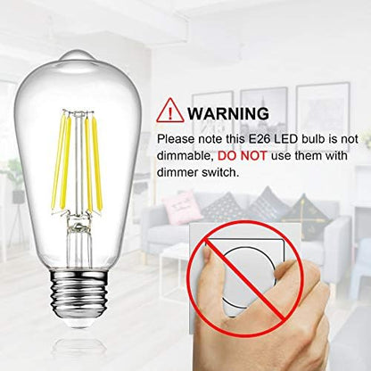 Ascher Vintage LED Edison Bulbs, 6W, Equivalent 60W, Non-Dimmable, High Brightness Cool White 4000K, ST58 Antique LED Filament Bulbs with 80+ CRI, E26 Medium Base, Clear Glass, Pack of 6