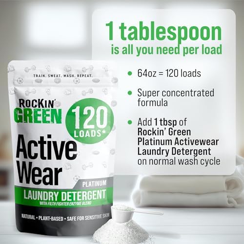 Rockin' Green Laundry Detergent, Plant based, All Natural Laundry Detergent Powder, Vegan and Biodegradable Odor Fighter, Safe for Sensitive Skin (Active Wear 120 Loads - Unscented)