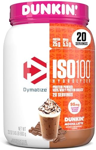 Dymatize x Dunkin' Mocha Latte ISO100 Whey Protein Powder, 95mg Caffeine, 25g of Protein, 20 Servings, 5.5g BCAAs, 120 Cal., Gluten Free, 1g Fat, 1g Sugar, 3g Carb