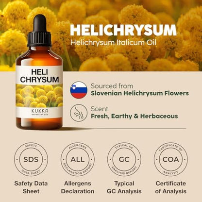 KUKKA Helichrysum Essential Oil for Skin, Relaxation - 100% Pure and Natural Undiluted Helichrysum Oil for Aromatherapy, Skin Care, Home Diffusers, Massage and Humidifiers - 4 fl oz, Non-GMO