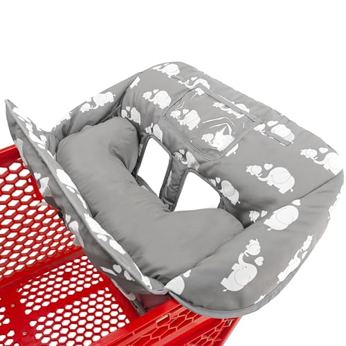 Soft Pillow Attached 2-in-1 Shopping Cart and High Chair Cover for Baby, Cotton Padded Cart Cover, Fold'n Roll Style, Portable with Carry Bag (Gray Elephant)