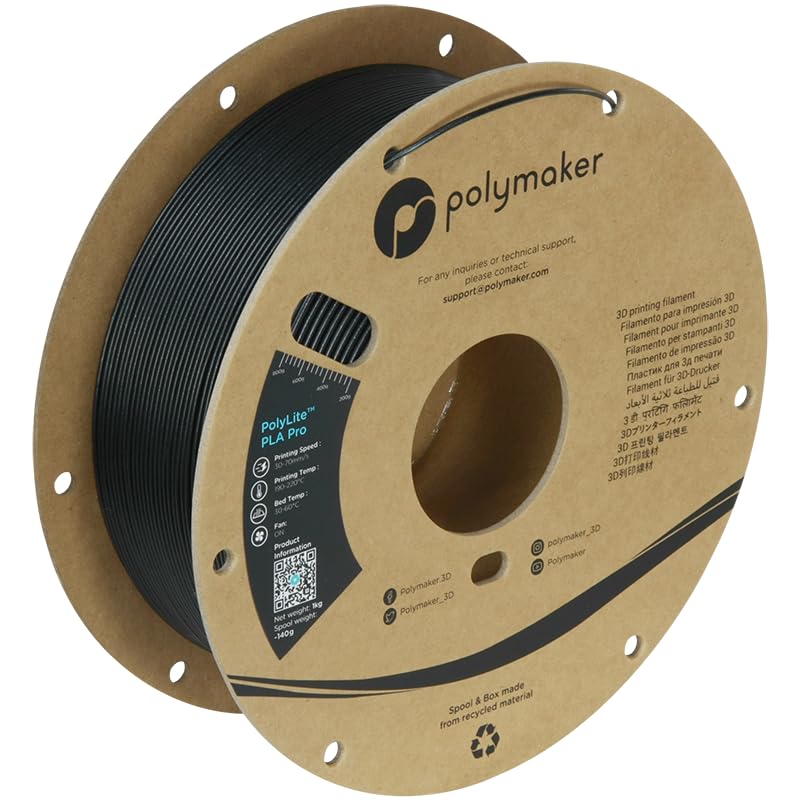Polymaker PLA PRO Filament 1.75mm 1kg, Tough & High Rigidity Metallic Black 3D Printing Filament, PolyLite PLA PRO 3D Printer Filament 1.75mm, Print with Most 3D Printers
