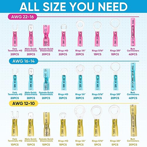 TICONN 460Pcs Heat Shrink Wire Connectors, Waterproof Automotive Marine Electrical Terminals Kit, Crimp Connector Assortment, Ring Fork Spade Butt Splices