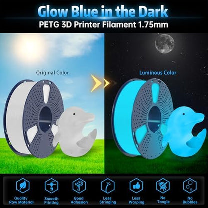 SUNLU PETG Glow in The Dark Filament, Luminous 3D Printer Filament 1.75mm, High Brightness and Long Time PETG Glows Filament, Dimensional Accuracy +/- 0.02mm, 1kg Spool. (White, Glow Blue)
