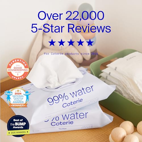 Coterie Baby Wipes for Sensitive Skin, Plant-Based and Plastic-Free Fibers, 99% Water, Hypoallergenic, pH Balanced, Unscented, Clean and Gentle Baby Essentials, 8 Pack, 448 Count