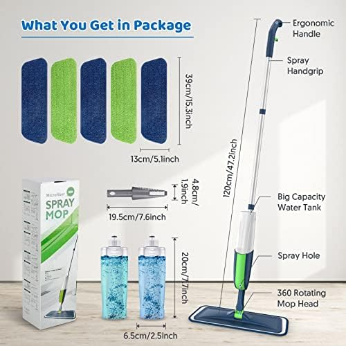 Wet Mops with 5X Washable Pads Spray Mops for Hardwood Floor Cleaning- MEXERRIS Wood Floor Mops Dust Mops with 2X Bottles Commercial Home Use for Hardwood Laminate Vinyl Tiles Wood Floor Cleaning