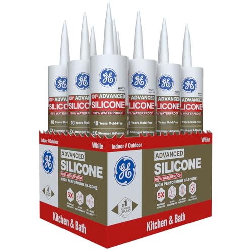 GE Advanced Silicone Caulk for Kitchen & Bathroom, White, 10 fl oz Cartridge, 12 Pack - 100% Waterproof Silicone Sealant, 5X Stronger Adhesion, Shrink & Crack Proof