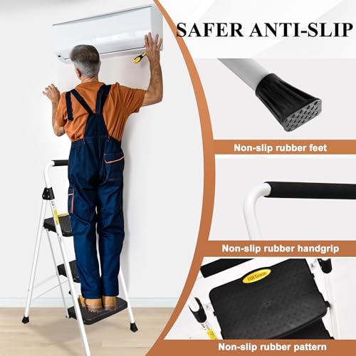 HBTower Step Ladder, Folding Step Stool with Wide Anti-Slip Pedal, Sturdy Steel Ladder, Convenient Handrail, Lightweight, Portable Steel Step Stool
