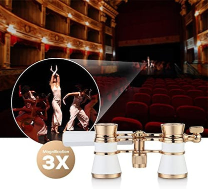 Aomekie Opera Glasses Binoculars 3X25 Theater Glasses Lorgnette Mini Binocular Compact with Handle for Adults Women in Musical Concert（White）