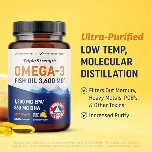 Triple Strength Omega 3 Fish Oil 3600 mg | EPA & DHA | Over 2100mg Omega-3 Fatty Acids | 1300mg EPA + 860mg DHA | Best Essential Fatty Acids | Premium Wild Caught & Burpless Fish Oil | 180 Ct