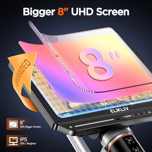 Elikliv Autofocus 4K Digital Microscope EM4K-AF, 52MP Soldering Microscope for PCB Repair, Coin Inspection & Watchmaking, 2000X Magnifier Scope, 8" IPS Screen, HDMI/USB Output, 10" Stand, 64GB Card