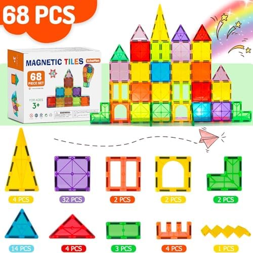 EchoPlan Magnetic Tiles,68PCS Magnetic Building Blocks,Magnet Tiles 3D Clear Building Blocks Set,STEM Sensory Educational Toys Gift for Toddlers Kids Boys 3 4 5 6 7 8 9+ Year Old