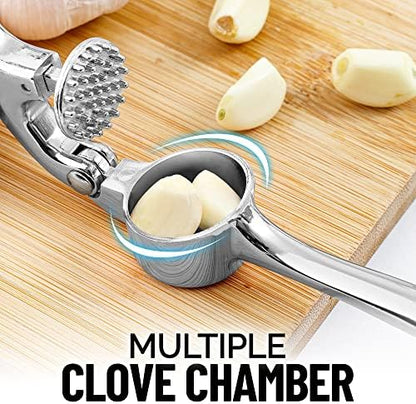 Zulay Kitchen Premium Garlic Press Set - Rust Proof & Dishwasher Safe Professional Garlic Mincer Tool - Easy-Squeeze, Easy-Clean with Soft, Ergonomic Handle - Silicone Garlic Peeler & Brush (Chrome)