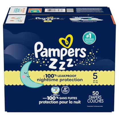 Pampers Overnight Diapers - Swaddlers Overnights - Size 5, 50 Count, Disposable Baby Diaper, Night Time Leak and Skin Protection