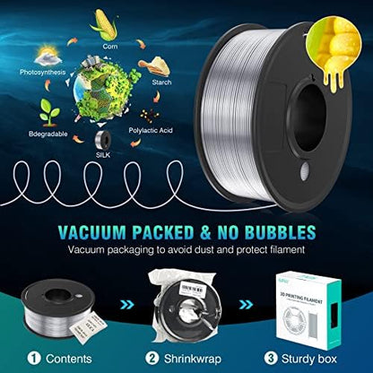 SUNLU 3D Printer Filament Bundle, PLA+ Silk Filament Multicolor 1.75mm, Individually Vacuum Packed, 250G Spool, 8 Rolls, 2kg in Total, Light Gold+Silver+Purple+Red+Orange+Yellow+Pink+Bronze