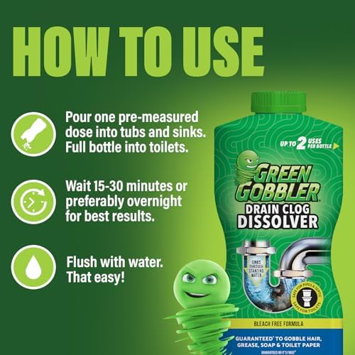 Green Gobbler Liquid Hair Drain Clog Remover & Cleaner, For Toilets, Sinks, Tubs - Septic Safe, 2 Pack