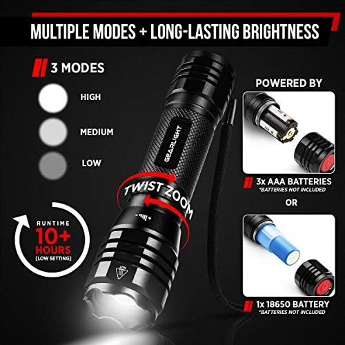 GearLight S1050 LED Flashlight High Lumens - for Camping, Hiking, Dog Walking - Powerful Emergency Flashlights with 3 Modes for Outdoor Use - Bright Flashlight - 2 Pack, (Batteries Not Included)