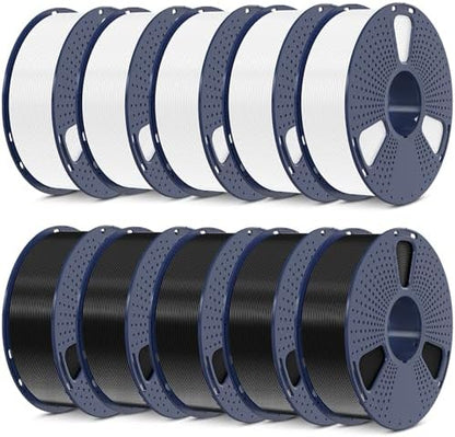 SUNLU 3D Printer Filament 10kg Bundle, Neatly Wound PLA Filament 1.75mm ±0.02mm, 1kg per Spool, 10 Packs. (5 spools of Black and 5 spools of White)